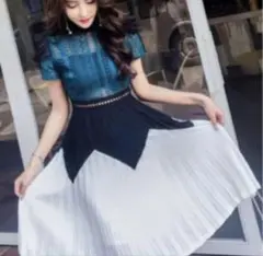 【半袖ドレス】緑、白、黒Aライン身丈97バスト88ウエスト72cm