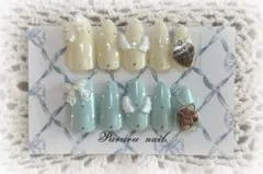 #66 【現品販売】ウィッシュコア ネイルチップ かわいい 水色 羽 リボン