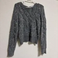ZARA グレー パール装飾 長袖ニット S