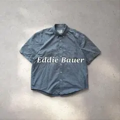 Eddie Bauer90's半袖チェックシャツXL白タグ青紫ボタンダウンのサムネイル