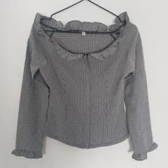 オフショルダー チェック柄 長袖シャツ