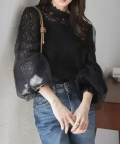 RANAN チュールドッキング フラワーレース キャンディースリーブ ブラウス