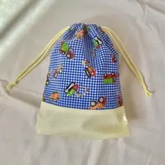 車柄の給食袋 青いチェック 23×20×5