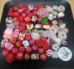 手書きアクリルビーズポンポン、パーツ赤、茶系ストラップなどDIY に♪即購入OK