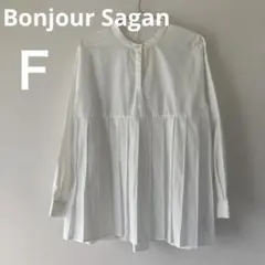 ボンジュールサガン プリーツ切り替えバンドカラーシャツ ホワイト 長袖 比翼
