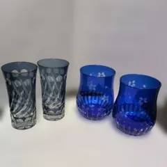 青色花模様切子ガラスコップ2個と冷酒グラス2個の4個セット