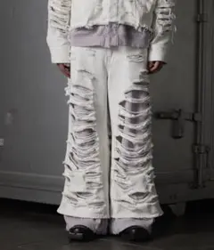 [Grancy 25ss]スウェットドッキングデザインダメージバギーデニムパンツ