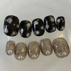 オーダーネイルチップ　フラッシュ　クリスマス　小花柄　パール　秋冬ネイルチップ