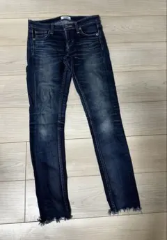 スキニーデニム ダークブルー フリンジ裾