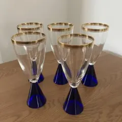 金縁　シャンパングラス　ワイングラス　ブルー　青　ガラス　5客セット