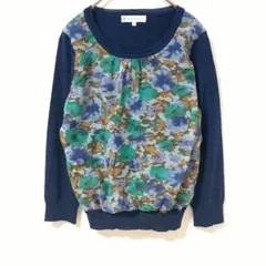 組曲　長袖ニット ブルー　花柄切り替え　シフォン素材　サイズ2のサムネイル
