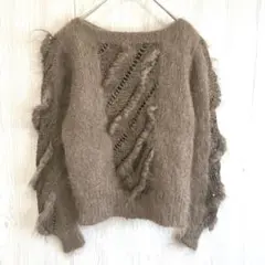 レア高級品 トマツブティック モヘア混 異素材切替透かし編みニットセーター茶 Fのサムネイル