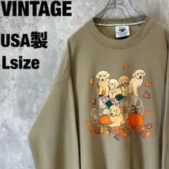 90s USA製 アニマルプリントスウェット L ベージュ カーキ 犬ゴールデン