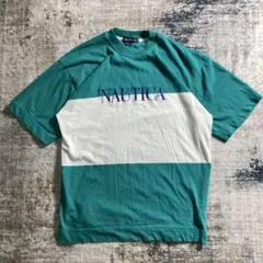 00s NAUTICA ノーティカ tシャツ ボーダー グリーン ロゴ刺繍