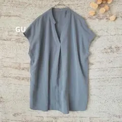 GU フレンチスリーブブラウス 【XL】 グレー Vネック