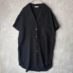 【美品】シワ加工 開襟シャツ ブラウス チュニック ブラック ゆったり