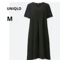 美品 UNIQLO M ブラック クレープ Vネック 半袖 チュニックワンピース