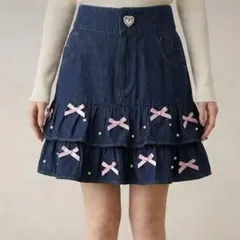 アンクルージュ　デニム ミニスカート リボン パール ビジュー　ネイビー　紺