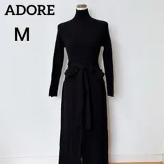 ADORE アドーア ドライリブニットワンピース ブラック 38 ベルト　Ｍ　黒