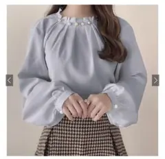 GRL jh59 パールタックネックブラウス ブルー
