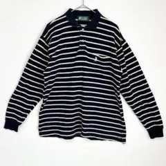 ◎ ユーエスポロアッスン 長袖 ポロシャツ L 紺 白 ボーダー スリット有りのサムネイル