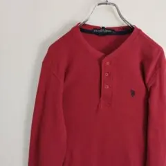 U.S.POLO ASSN ヘンリーネック サーマルシャツ レッド 刺繍ロゴ