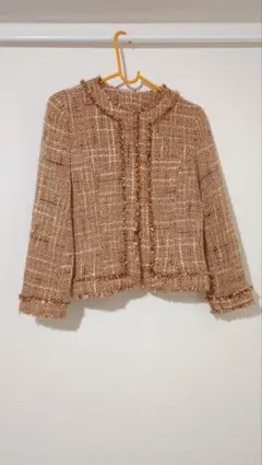 ブラウン系 ノーカラージャケット ツイード風