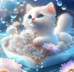 ダイヤモンドアートキット 白い猫と花30×30ラウンド