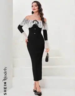 オフショルダー レース付き 黒ドレス　ワンピース