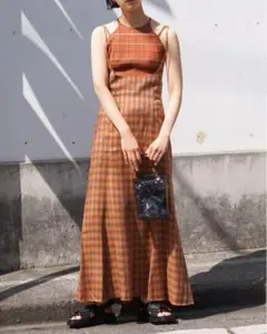 美品　マメクロゴウチ　23ss リネンミックス　チェック　キャミソールドレス 美品 マメクロゴウチ 23ss リネンミックス チェック