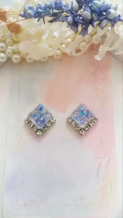 『SALE』スクエア ラインストーン ピアス イヤリング ブルー