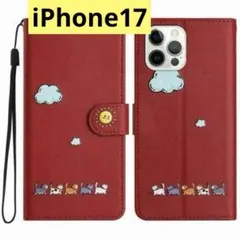 手帳型スマホケースiPhone17（ネコのお散歩/レッド)フリップケースi73