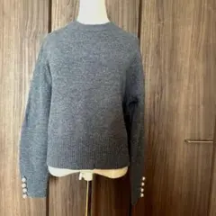 ルシェルブルーグレー ニットセーター パールボタン付き秋冬クルーネックMサイズ