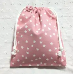 ハンドメイド、星柄の給食袋、巾着袋、コップ入れ、ピンク
