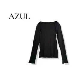 【アズール】 Mリブニット 長袖スクエアネック ブラックトップス 無地 シンプル