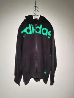 adidas アディダス　ジップパーカー　ブラック✕蛍光グリーン　トレンド満載❕