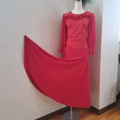 社交ダンス レッスンロングフェアスカート　 赤　サイズF