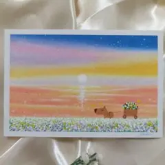 カピバラと星空 オイルパステル画 アクリル画 ハガキサイズ 風景画