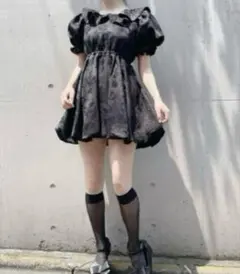 lillilly pain半袖バルーンジャガードワンピース　ブラックのサムネイル