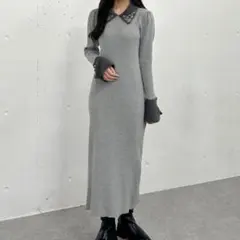 archives アルシーヴ　刺繍　リブニットワンピース　長袖　ロングワンピース