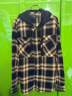 フード付きチェックシャツ ブラック