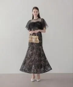 LEJA フラワースパンコールチュールフレアスリーブマーメイドワンピースドレス