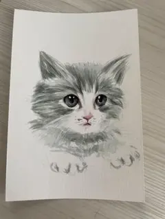 猫　水彩画　イラスト　手書き　原画　ポストカード