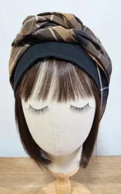 ターバン帽子☆ハンドメイド☆カフェ帽子☆ケア帽子☆ガーゼブラック×黒茶チェック