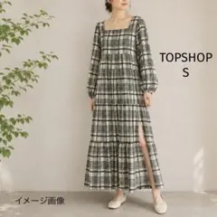 TOPSHOP チェック ロングワンピース ティアード 長袖 S 緑　スリットのサムネイル