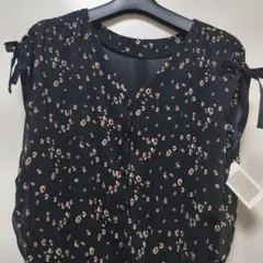 ノースリーブ ワンピース ブラック 総柄 肩リボン付き　シアー　透け感　新品のサムネイル