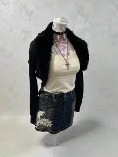 平成ギャル タグ付き　ファー　ボレロカーディガン　ダークコア　ブラックファー