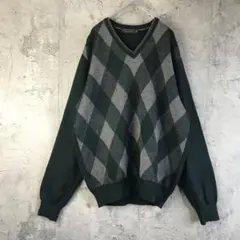 Y854古着　ニットセーター　柄　緑　グレー　90s Y2K