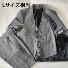 【新品】メンズ グレー スーツ チェック柄 3点セット Lサイズ相当