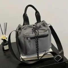 ショルダーバッグ 巾着型 2Way 大容量 グレー